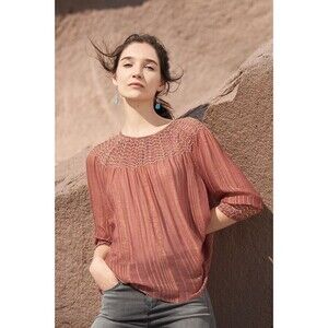 Anthropologie Love Sam Bresle Smocked Peasant Top Rust Orange Small
